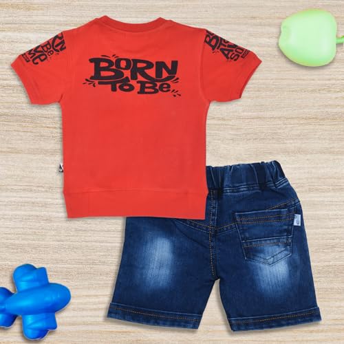 Image of Fancy Kids Pure Cotton T-Shirt And Denim Jeans Shorts Set For Boys