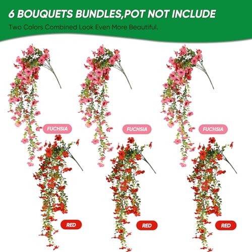 Wanderroot 6 Bundles Artificial Flowers for Outdoors, UV Resistant Fake Hanging Flower, Realistic Silk Flowers for Indoor Outside Garden Patio Balcony Farmhouse Porch (Red, Fuchsia) — view 3