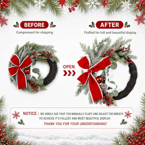 Christmas Wreath for Front Door, Artificial Wreath with Red Bow, Reindeer | 20-Inch Christmas Wreath, Artificial Frosted Pine Cedar Wreath with Pinecones, Holiday Decoration for Front Door, Porch Wall - image 6