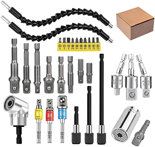 32pcs Flexible Drill Bit Extension Set, Rotatable Joint Socket 1/4 3/8 1/2 Inch Hex Socket Adapter, 105°Right Angle Drill Attachmen, Bendable Drill Bit Extension Screwdriver Kit with a Box (Silvery)