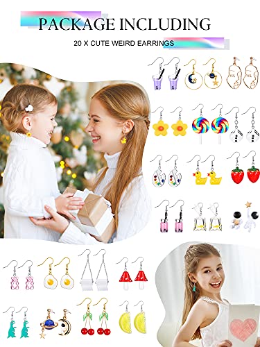 20 Pairs Cute Weird Earrings Funny Dangle Drop Earrings For Women Girls Including Gummy Candy Bear Milk Tea Goldfish Artist Paint Cartoon Strawberry Mushroom Flowers And More (Vivid Style) #TOP5