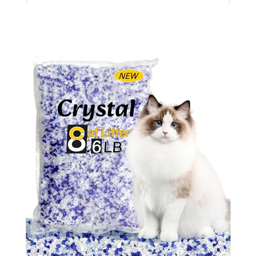 LMJP Crystal Cat Litter, 8.6 lb, Rapid Odor & Moisture Absorption Last up to 6 Weeks, Low Tracking for Less Mess, Unscented Non-Clumping White & Blue Silica Gel Crystals