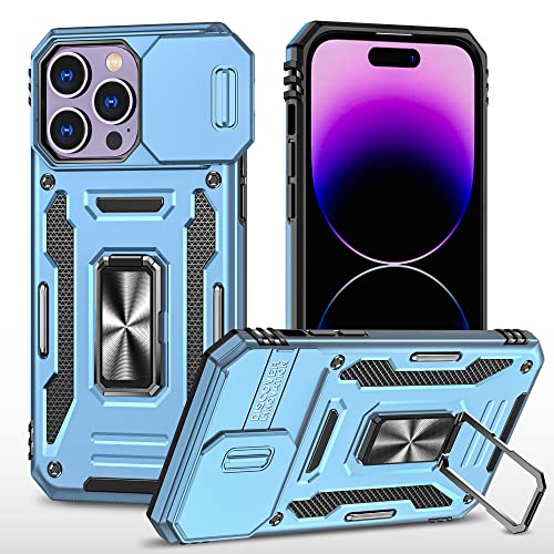 Image of Polycarbonate Slide Camera Cover with Ring Holder Mobile Phone Back Cover for iPhone 14 Pro (Blue)