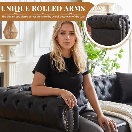 Image of Modern Chesterfield Sofa Couch, 85.5-inch Faux Leather 3-Seater Sofa with Rolled Arms and Tufted Button for Living Room, Office, Black
