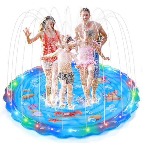 IEEILULU Splash Pad, 170CM Sprinkler Wasser Spielmatte mit LED Leuchten, Wasserspielzeug Kinder Outdoor Spielzeug, Sprinkler Play Matte für Sommer Garten (Blau)