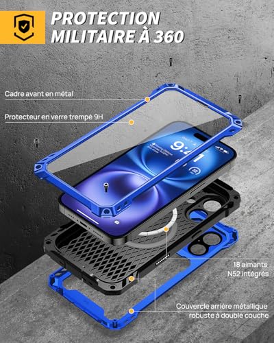 Coque iPhone 16 antichoc militaire étui métal bleu indestructible et compatible induction