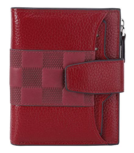 AINIMOER Women's RFID Blocking Leather Small Compact Bi-fold Zipper Pocket Wallet Card Case Purse(Stitched Wine)