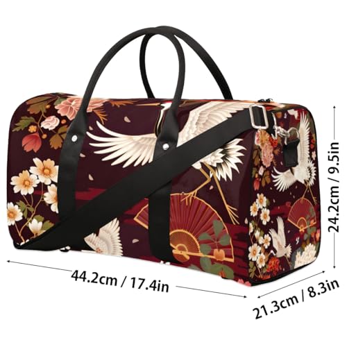 Travel Duffel Bag, Japan White Crane Floral Flower Sports Tote Gym Bag Foldable Western Aztec Weekender Bag Carry on Luggage Handle Bag Overnight Shoulder Bag for Women Men,A-0734