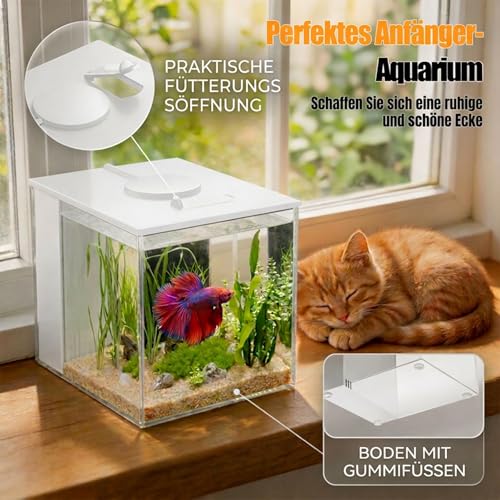Vehipa 3,7L Kleines Betta Aquarium Komplettset, Nano Aquarium aus Acryl mit Filter, LED-Beleuchtung, Pumpe, ideal für kleine Fische, Garnelen und Pflanzen (Weiß)