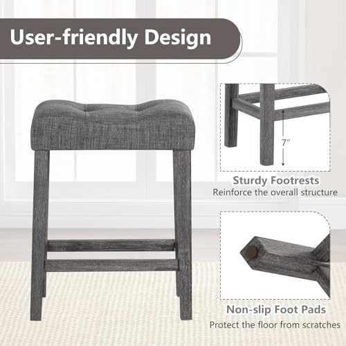 Image of Giantex 24 inch Bar Stools Set of 2, Backless Counter Height Saddle Bar Stools w /Padded Seat, Solid Rubber Wood Legs, Farmhouse Linen Fabric Upholstered Barstools for Kitchen Counter Island, Cafe, Grey