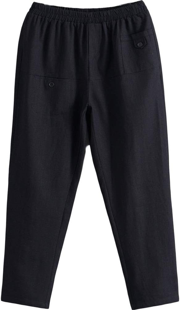 Minibee Women's Elastic Waist Casual Crop Linen Pull On Pants