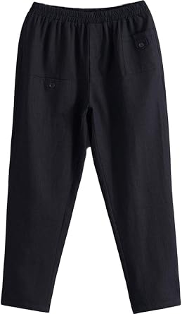 Minibee Womens Elastic Waist Casual Crop Linen Pull On Pants