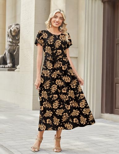 Image of Zeagoo Summer Dresses for Women 2026 Maxi Bohemian Floral Short Sleeve Long Dress Casual Flowy Tired Beach Sundress