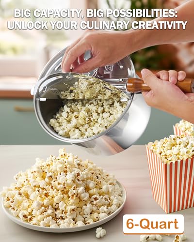 Image of Cook N Home Stovetop Popcorn Popper with Crank, 6 Quart Stainless Steel Popcorn Pot, Silver