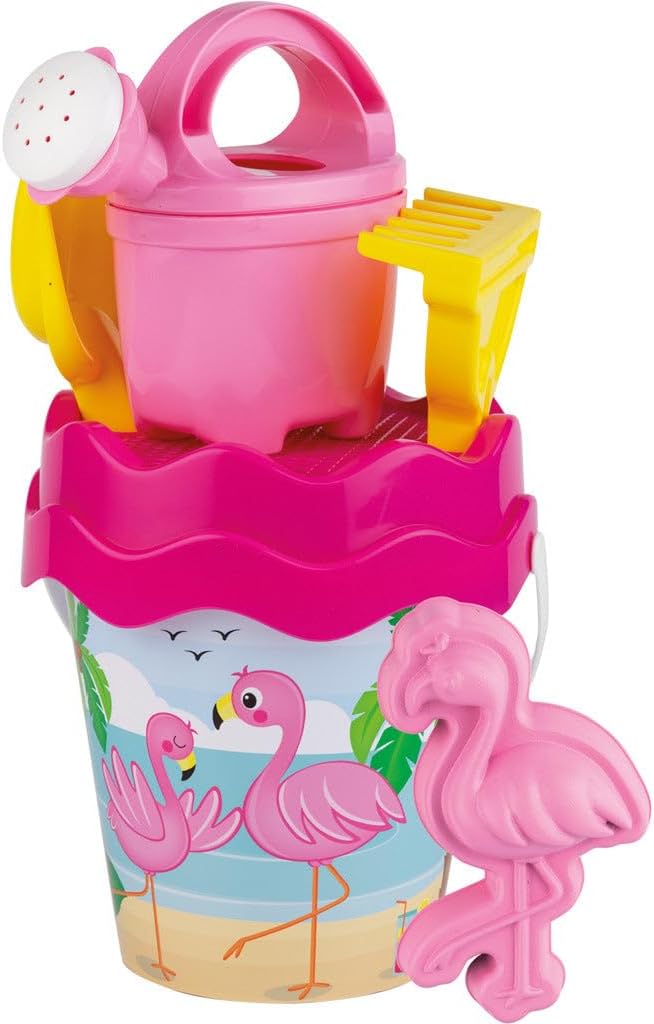 Simba Flamingo 107114406 Bucket Set, 6 Pieces, Bucket, Strainer, Sand Mould, Shovel, Rake, Watering Can, Height 16 cm, Diameter 17 cm