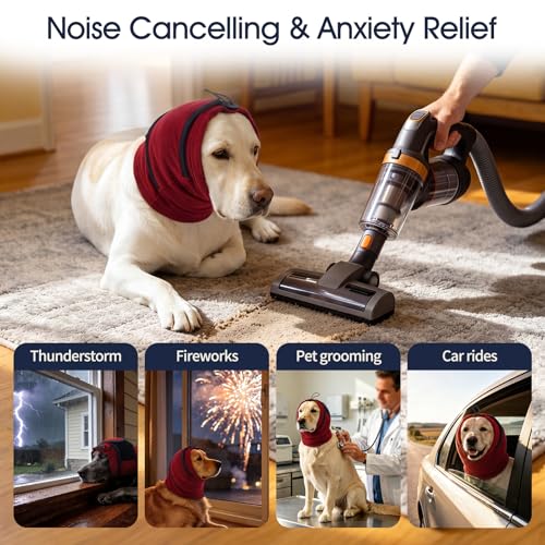Image of IECOii Small Ear Wrap Dog Ear Cover for Noise Protecion(Red,Small) | Doggie Calming Hoodie for Anxiety Relief in Thunder Firework Breathable Soft No Shake Adjustable Patches for Dogs Hematoma