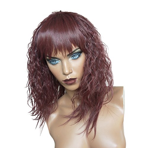Namecute Cosplay Wigs for Black Women Kinky Kanekalon Medium Deep Wine Wig+Free Wig Cap (M3318)