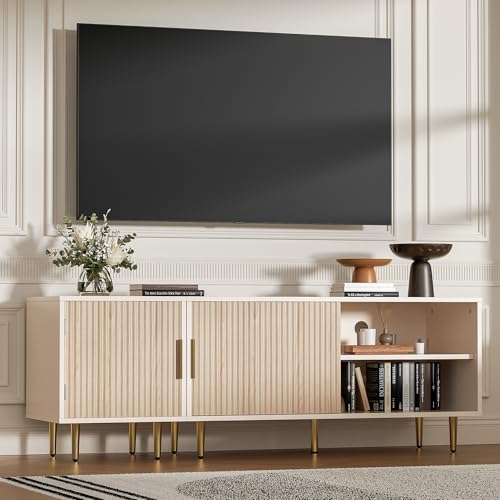 Combined Modern TV Stand for 55/60/65 inch TV, Small Entertainment Center with Adjustable Shelf, TV Media Stand with Storage Cabinet, TV Console with Gold Legs for Living Room, Bedroom, Oak - Image 5