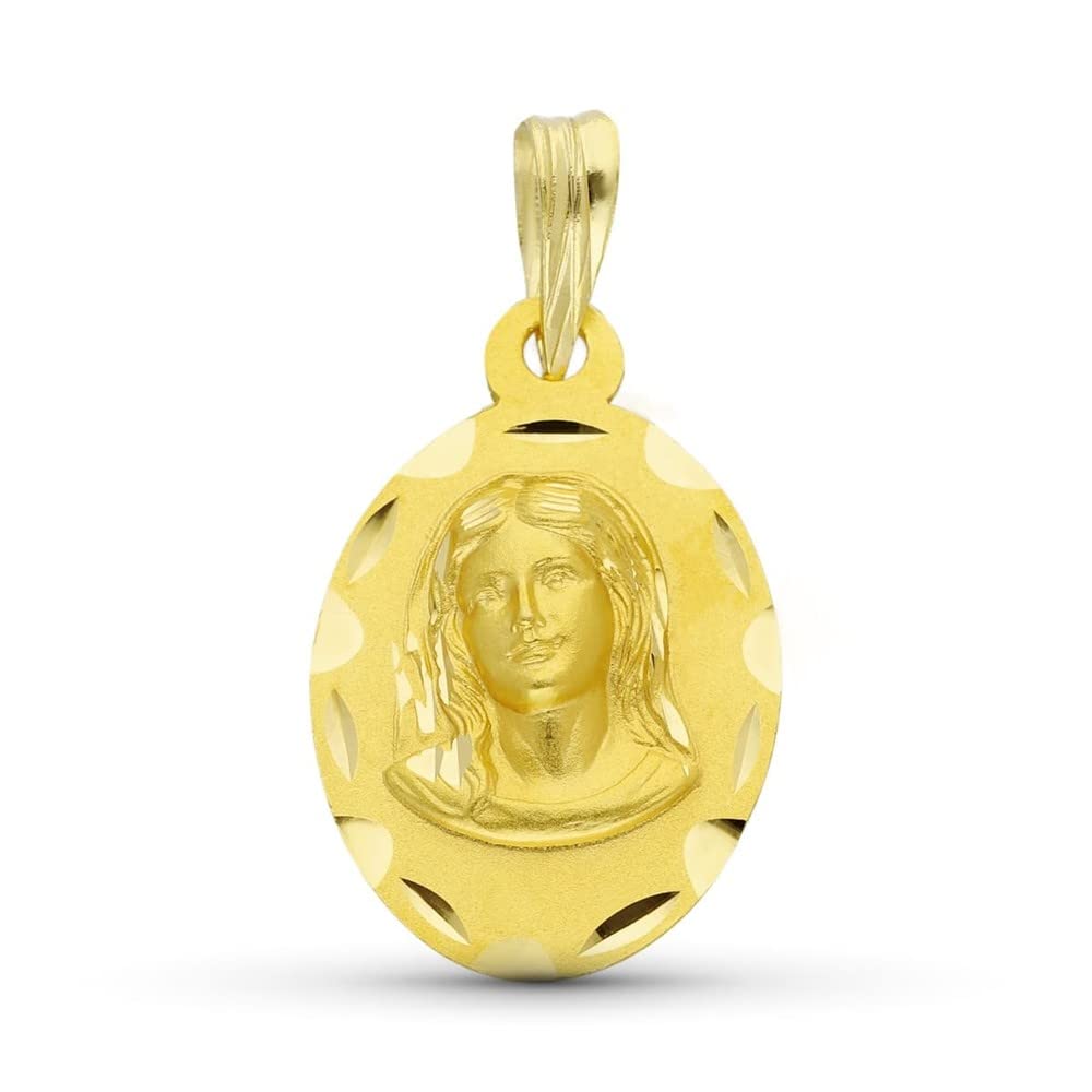 Virgen Niña medalla oro 18k Primera Comunión 19mm. ovalada detalles tallados borde - Personalizable - GRABACIÓN INCLUIDA EN EL PRECIO