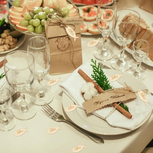 50 Stücke Holz Geschenkanhänger Schön Dass Du Da Bist Holzanhänger Fischform Holzdeko Streudeko für Kommunion Hochzeit Taufe Geburtstag Party