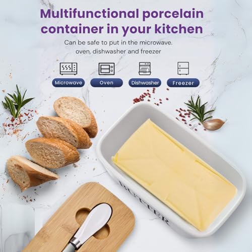 Image of Ceramic Butter Container with Wooden Lid & Butter Knife - Large Butter Dish for Kitchen Counter, Airtight Butter Keeper for Soft Butter, Elegant Ceramic Butter Box for Storage