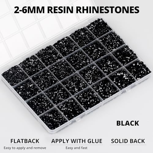 30000Pcs Resin Rhinestones for Crafting Bedazzling, Bulk Black Flatback Gems for Crafts Clothing Clothes Fabric Tumbler Sneakers, Bedazzle Flat Back Jewel Assorted Size SS6/10/16/20/30 with b7000 Glue