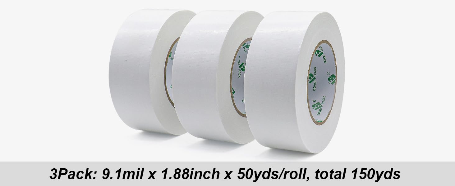 BOMEI PACK Cinta americana blanca profesional, 50 mm x 50 m, cinta impermeable de tela para reparaciones, manualidades, uso en interiores y exteriores - 3 Rollos