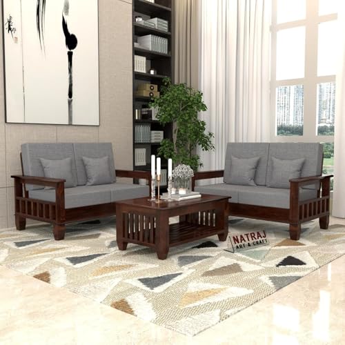 Image of NATRAJ ART & CRAFT Sheesham Wooden 4 Seater Sofa Set for Living Room | Rosewood 2+2 Seater Cushion Sofa Set with Side Newspaper Holder for Home & Office (Walnut)