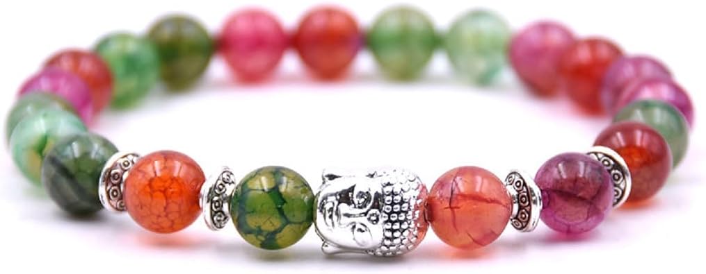Handmade Buddha Charm Bracelet Healing Stone Beads Bracelet with Buddha Charm, Mala Beads Yoga Beads Stretch Bead Bracelet for Men and Women Rainbow Jasper