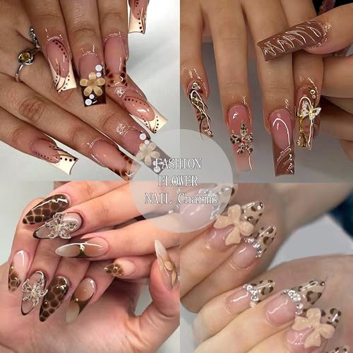 SEMATA 2 Box 3D Flower Nail Charms, Brown Nail Gems Gold Silver Butterfly Flatback Pearl Nails Rhinestones Charms for Nails Art Jewels Design Decor(Brown) — view 6