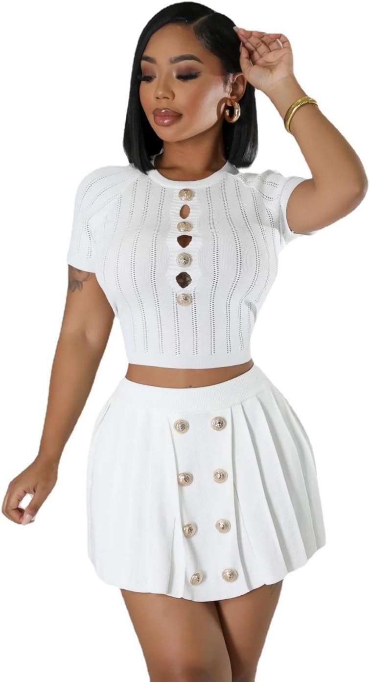 Women's Short Sleeve Button Down top Sexy Tight Mini Pleated Casual Cropped Dress Knitted Stretch Suit - Image 3