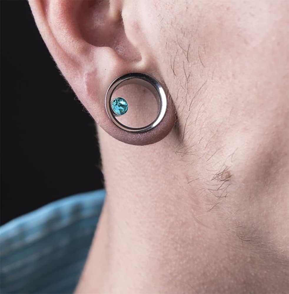 Aquamarine Bezel Set Crystal Stone on Surgical Steel Internally Threaded Ear Gauge Flesh Tunnel - Stretching - Ear Piercing Body Piercing Jewelry