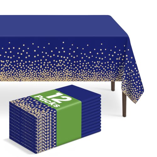 LIKAJON 12 Pack Disposable Navy Blue and Gold Dot Tablecloth, 54 x 108 Inch