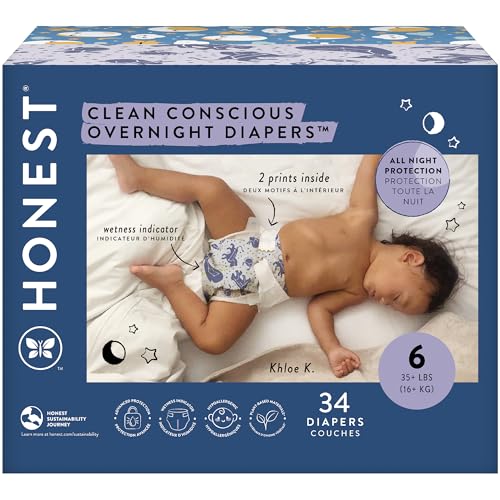 Image of The Honest Company Comfort Dry Disposable Overnight Diapers for Sensitive Skin, Hypoallergenic, Baby Cozy Cloud and Star Signs Design Club Box Size 6 (35 lbs) 34 Count