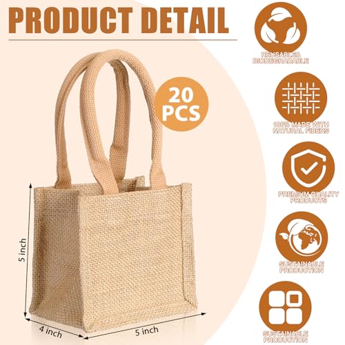 Silkfly 20 Pcs Mini Burlap Jute Tote Bags with Handle Small Blank Reusable Market Grocery Bags for Teacher Bridesmaids Wedding Gift Shopping DIY Travel Beach Thanksgiving Christmas (5 x 5 x 4 in)
