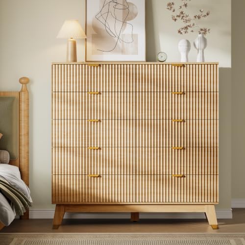 Image of BORNOON 46 inch Tall Dresser for Bedroom, 10-Drawer Fluted Chest of Drawers, Modern Wood Highboy with Metal Slides and Handles, Anti-Tip Kit, Vertical Clothes Storage Organizer for Apartment, Closet
