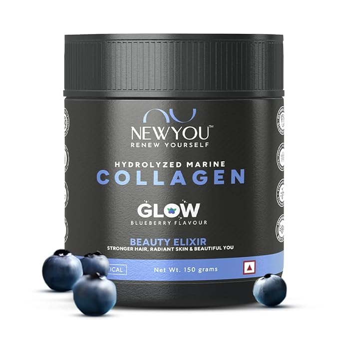 Image of NewYou Collagen Glow Marine Collagen Powder for Skin, Hair & Nail Support | With Glutathione, Biotin, Hyaluronic Acid & Vitamins B Complex, C & E | Supports Skin Hydration & Hair Health | Blueberry Flavour | 150g