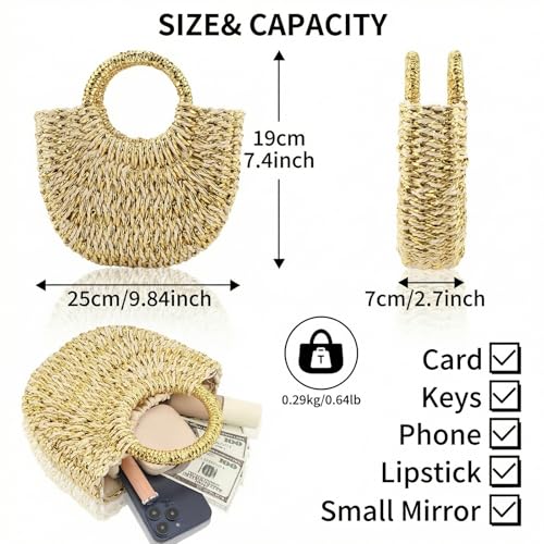Image of Rattan Handmade Straw Tote Handbag Beach Shoulder Bag Summer Beach Rattan Bag Straw Bag