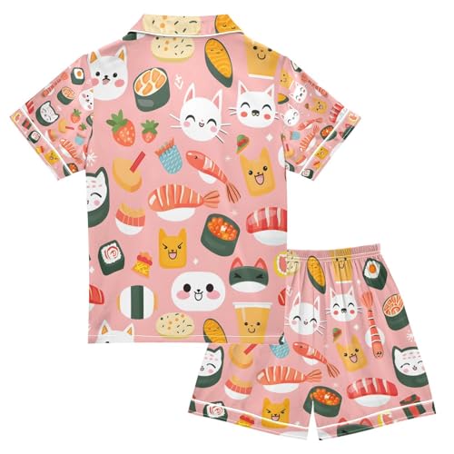 senya Cat Sushi Satin Summer Pajama Sets Silk Short Sleeve Button Down Sleepwear2