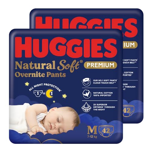 Image of Huggies Natural Soft Overnite Diaper Pants| Premium Pant Style Baby Diapers Medium Size (M Size | 7-12 Kgs), 42 count| Keeps baby dry all night with cloud softness all over (Pack of 2)
