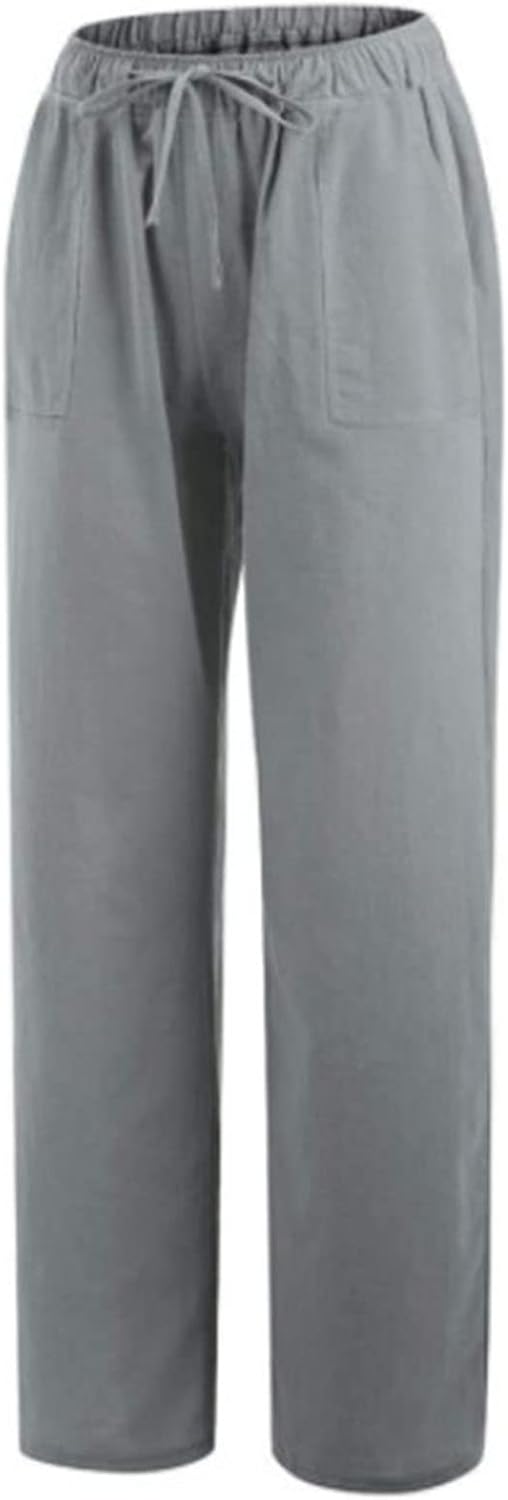 DGHM-JLMY Women's Linen Solid Color Casual Pants Wide Leg Drawstring Casual Flowy Pants Elastic Comfy Trousers with Pockets