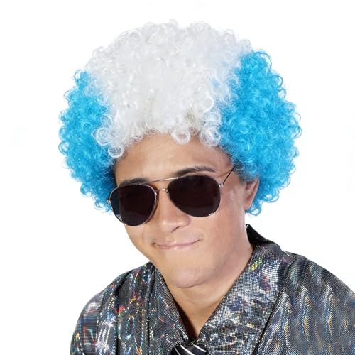 Image of FREE BEAUTY Argentina Flag Colored Afro Wig for Men Women 2026 World Cup Fan Wig Soccer Fans Cheer Hair Blue White Afro Wigs for Football Fans for Stadium Party Cosplay (Argentina)