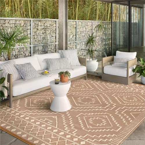 Image of Wonnitar Outdoor Rugs 8x10 Waterproof Plastic Straw Rug, Large Outdoor Camping Rug for RV, Reversible Portable Outside Lightweight Area Rug for Backyard Balcony Beach Picnic (Beige & Brown,8'x10')