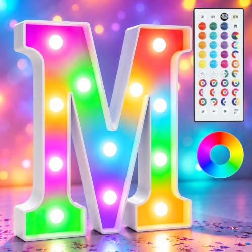 Pooqla Colorful Light Up Letters with Remote, Upgraded 35 Colors LED Marquee Letters, RGB Lighted Letter for Girls Teenager Gift Birthday Party Valentines Day Decorations Gift for Him Her, Letter M
