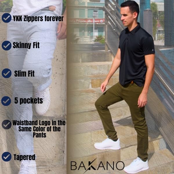 BAKANO Men's Skinny Slim Fit Stretch Pants Mid Rise with Flex Waist and 5 Pockets for Golf and Casual Wear Come in 3 Lengths3