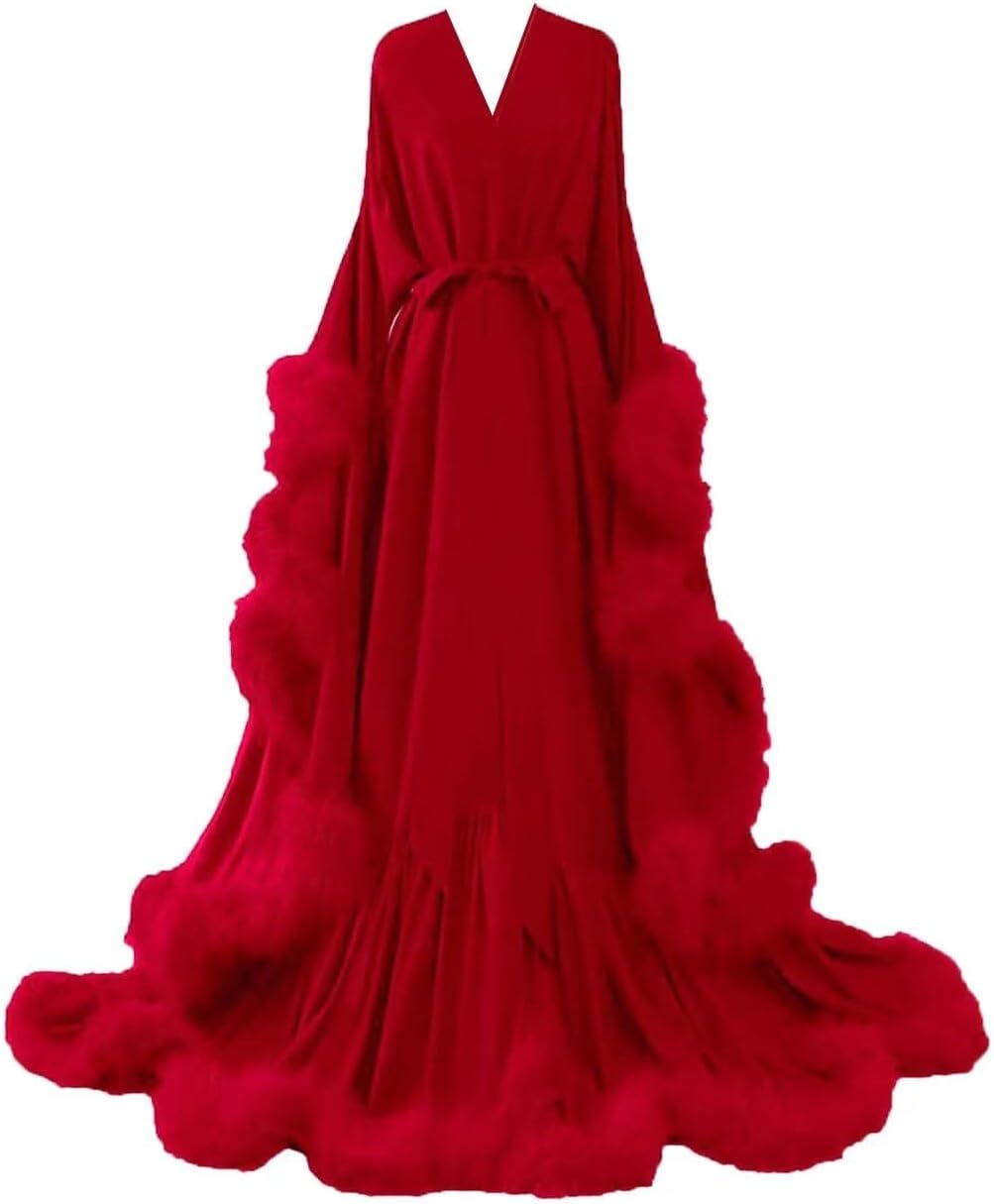 Women's Feather Bridal Robes Silk Satin Maternity Robes for Photoshoot Old Hollywood Long Nightgown Bathrobe Lingerie