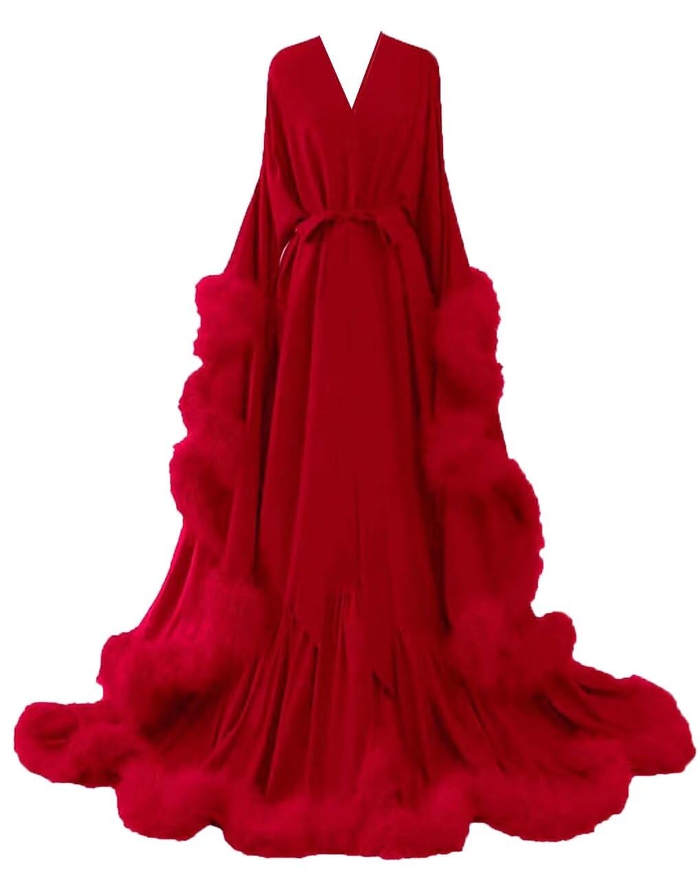 Sexy Feather Bridal Robe for Women Silk Satin Maternity Robes for Photoshoot Long Nightgown Bathrobe Sleepwear Lingerie Bathrobe Wedding Scarf Red XXL