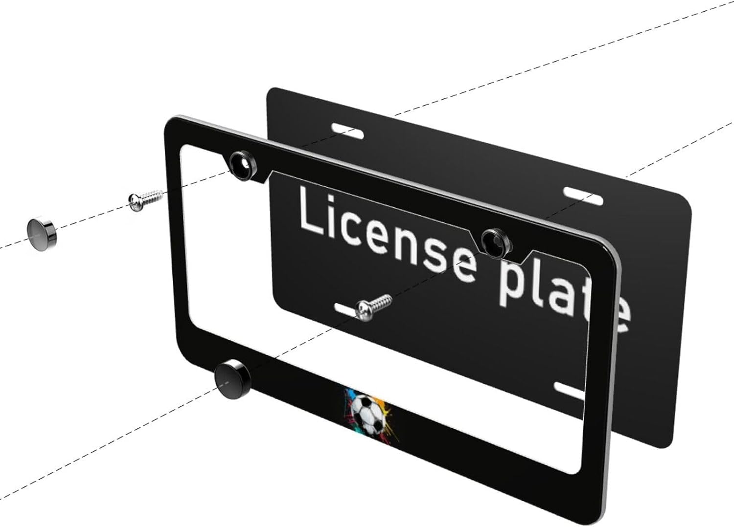 Soccer Ball Paint Matte Aluminum License Plate Frame with Black Screw Caps，2pcs 2 Holes Black Licenses Plates Frames,Car Licenses Plate Covers Holders for Us Vehicles/Women/Men
