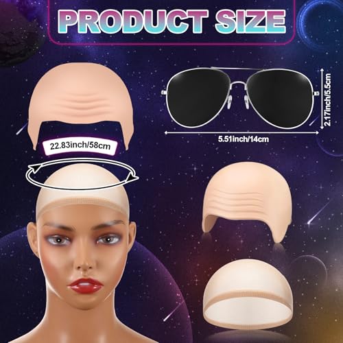 Mepase 18 Pcs Bald Caps with Glasses Nylon Makeup Latex Bald Head Wig Cap for Men Women Adults Cosplay Party Costume Accessories (12.9 x 7.48 Inch)