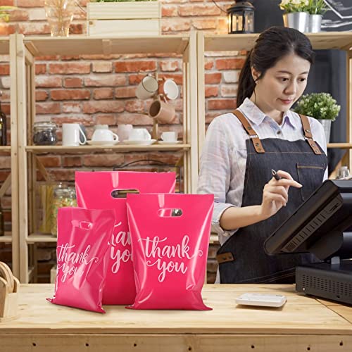 Eersida 200 Pieces Thank You Merchandise Bag Die Cut Shopping Bags With Handles 3 Sizes Plastic Gift Retail For Goodie Small Business Trade Stores Boutique Clothes Party Favor (Pink) #TOP6